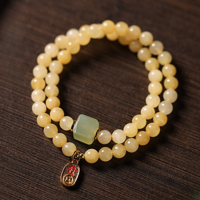 Buddhist Blessing Topaz Beads Jade Cube Double Circle Wealth Bracelet