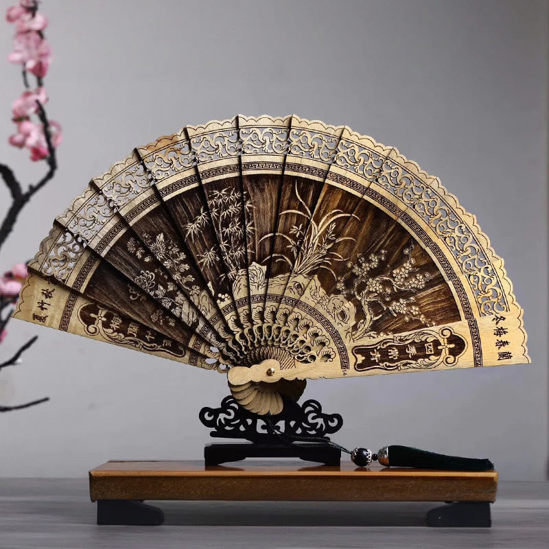 Buddhist Blessing Koi Fish Peony Bird Flower Engraved Hollow Handheld Phoebe Zhennan Wood Folding Fan 22cm