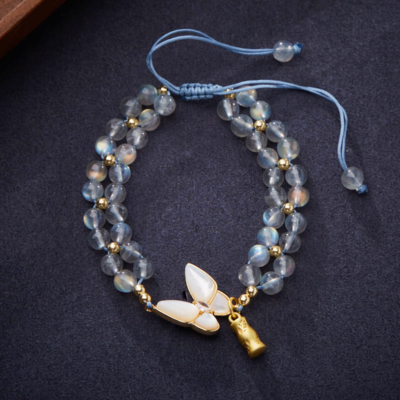 Buddhist Blessing Natural Moonstone Butterfly Bamboo Healing String Bracelet
