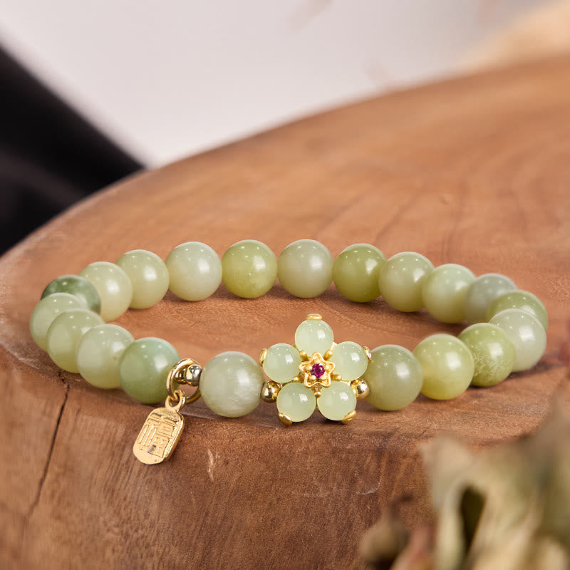 Buddhist Blessing Green Jade Flower Fu Character Charm Luck Bracelet