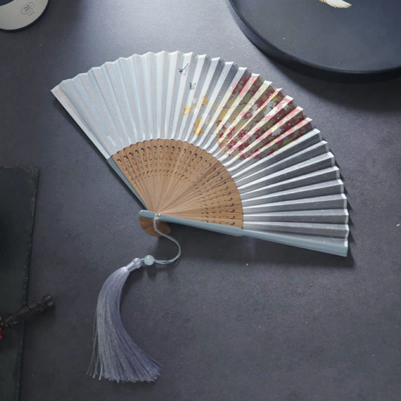 Buddhist Blessing Gardenia Cherry Blossom Moon Handheld Polyester Bamboo Folding Fan 21cm