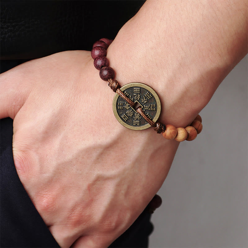 Buddhist Blessing Ebony Wood Wenge Wood Mountain Ghosts Spend Money Bagua Copper Coin Peace Bracelet