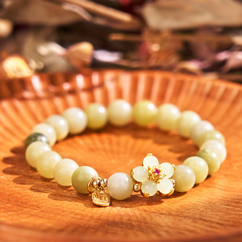 Buddhist Blessing Green Jade Flower Fu Character Charm Luck Bracelet