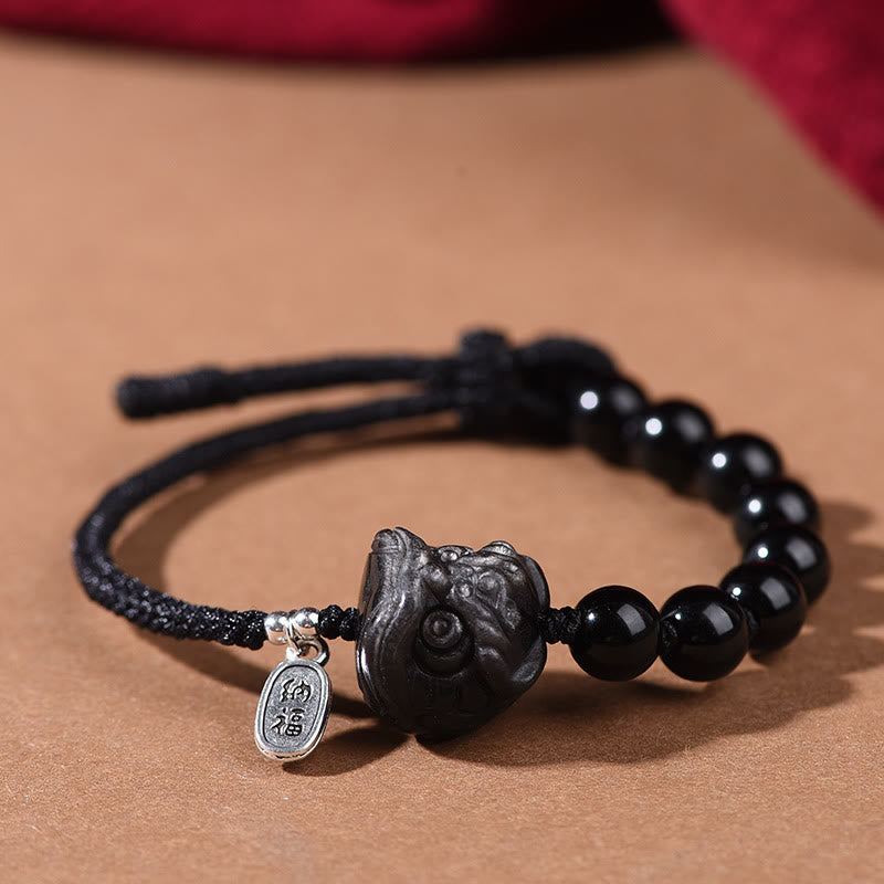 Buddhist Blessing Black Obsidian Silver Sheen Obsidian Cute Cat Dancing Lion Strength Bracelet