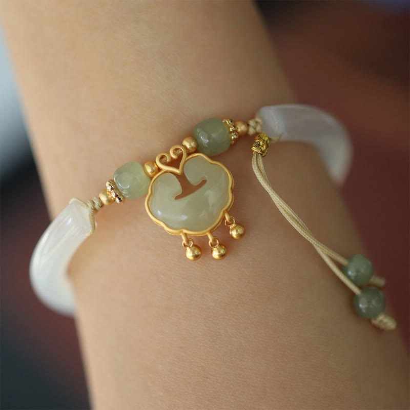 Buddhist Blessing Chalcedony Hetian Jade 925 Sterling Silver Auspicious Cloud Ruyi Lock Harmony Cuff Half Bracelet Bangle