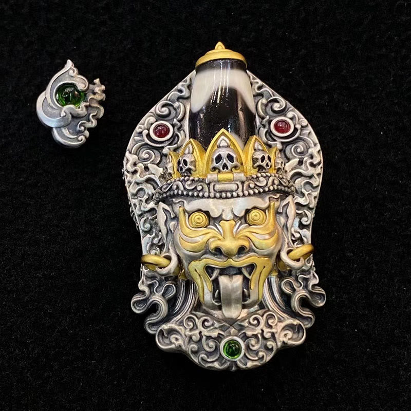 Buddhist Blessing 925 Sterling Silver Tibetan Zakiram Goddess of Wealth Dzi Bead Protection Necklace Pendant