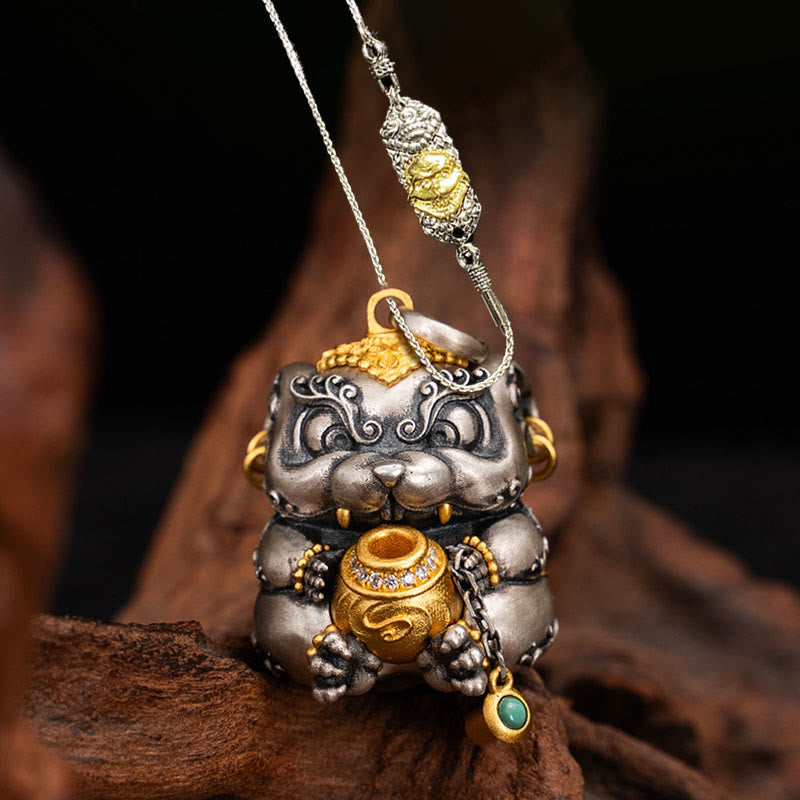 Buddhist Blessing 925 Sterling Silver Tibetan Treasure-spitting Rat Protection Necklace Pendant