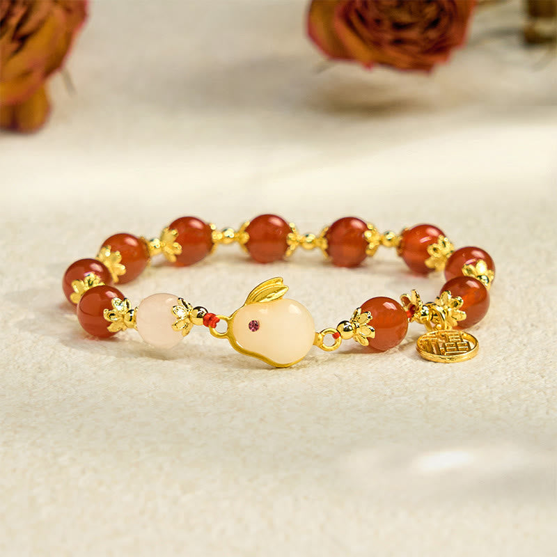 Buddhist Blessing Red Agate Chalcedony Rabbit Fu Character Confidence Bracelet