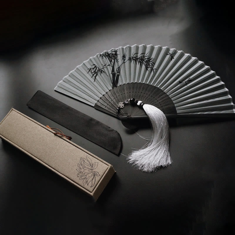 Buddhist Blessing Ink Bamboo Polyester Handheld Bamboo Folding Fan