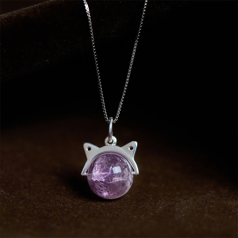 Buddhist Blessing 925 Sterling Silver Natural Rainbow Amethyst Cat Positive Necklace Pendant