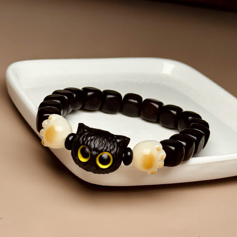 Buddhist Blessing Ebony Wood Cute Cat Bodhi Seed Paw Claw Peace Bracelet