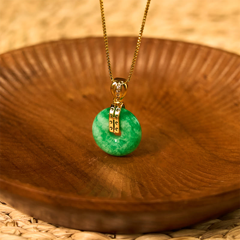 Buddhist Blessing Cyan Jade Peace Buckle Healing Luck Necklace Pendant