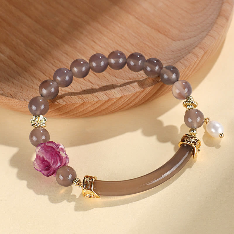 Buddhist Blessing Strawberry Quartz Labradorite Fluorite Pearl Cuff Half Bracelet Bangle