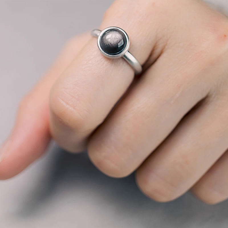Buddhist Blessing Natural 925 Sterling Silver Silver Sheen Obsidian Adjustable Protection Ring