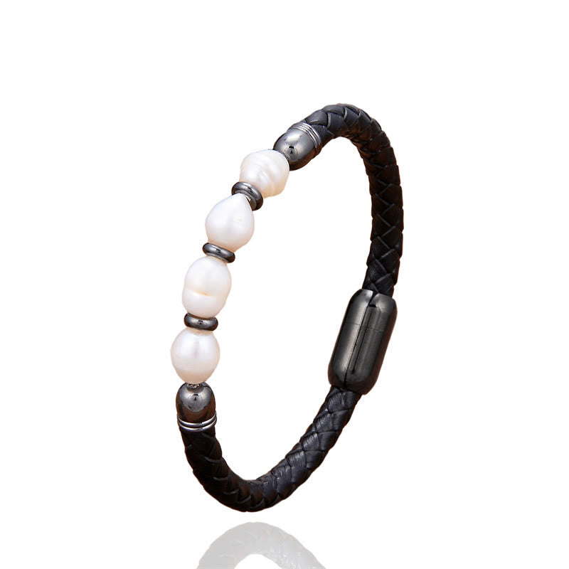 Buddhist Blessing Handmade Irregular Shaped Pearls Healing Leather Titanium Steel Buckle Bracelet