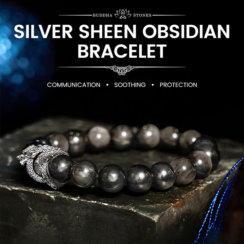 Buddhist Blessing Silver Sheen Obsidian Dragon Protection Bracelet