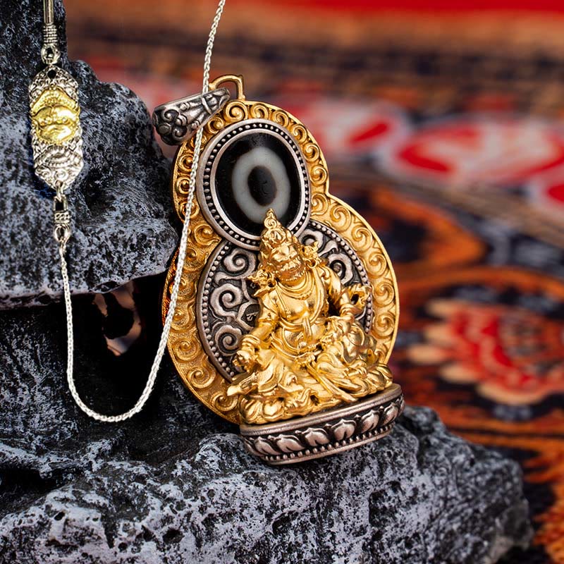 Buddhist Blessing 925 Sterling Silver Tibet Yellow Jambhala God of Wealth Dzi Bead Om Mani Padme Hum Happiness Necklace Pendant