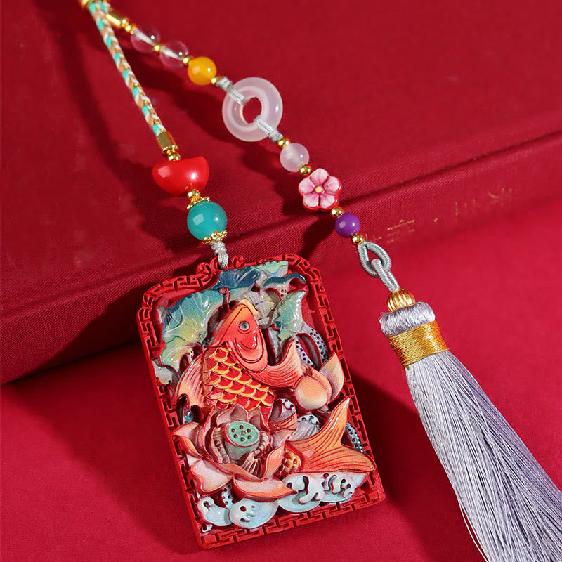 Buddhist Blessing Natural Cinnabar Koi Fish Lotus Design Blessing Peace Buckle Car Hanging Decoration