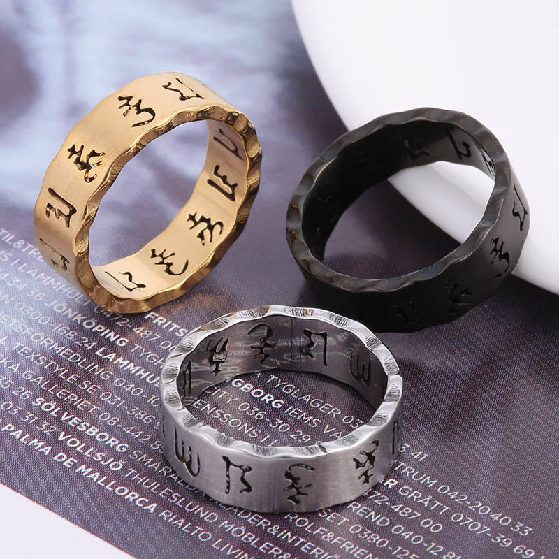 Buddhist Blessing Tibetan Hollow Om Mani Padme Hum Titanium Steel Balance Ring