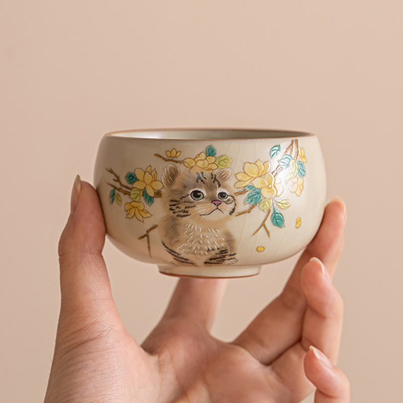 Buddhist Blessing Cute Cat Yellow Flowers Rabbit Teacup Kung Fu Tea Cup