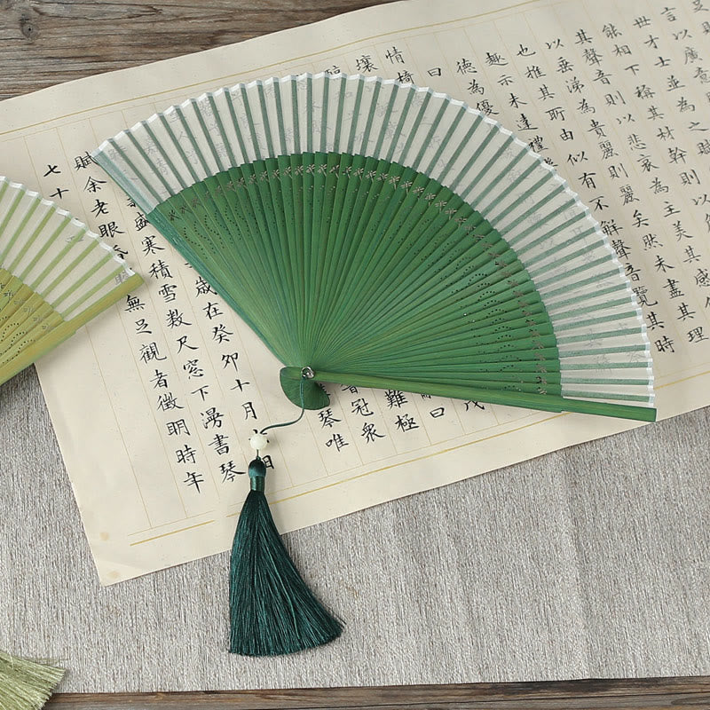 Buddhist Blessing Solid Color Dragonfly Tassel Handheld Mulberry Silk Bamboo Folding Fan