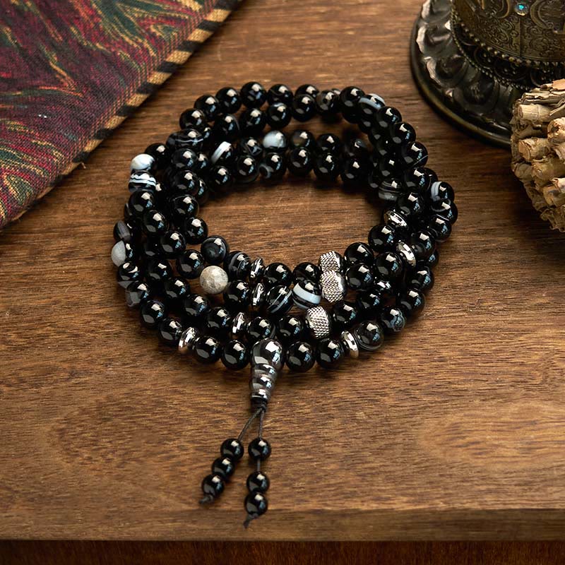 Buddhist Blessing 108 Mala Beads Natural Stone Black Onyx Protection Bracelet
