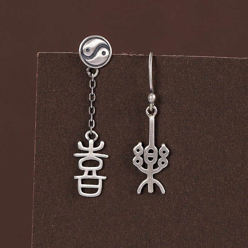 Buddhist Blessing 925 Sterling Silver Chinese Character 'Ping An' 'Xi Le' Protection Earrings