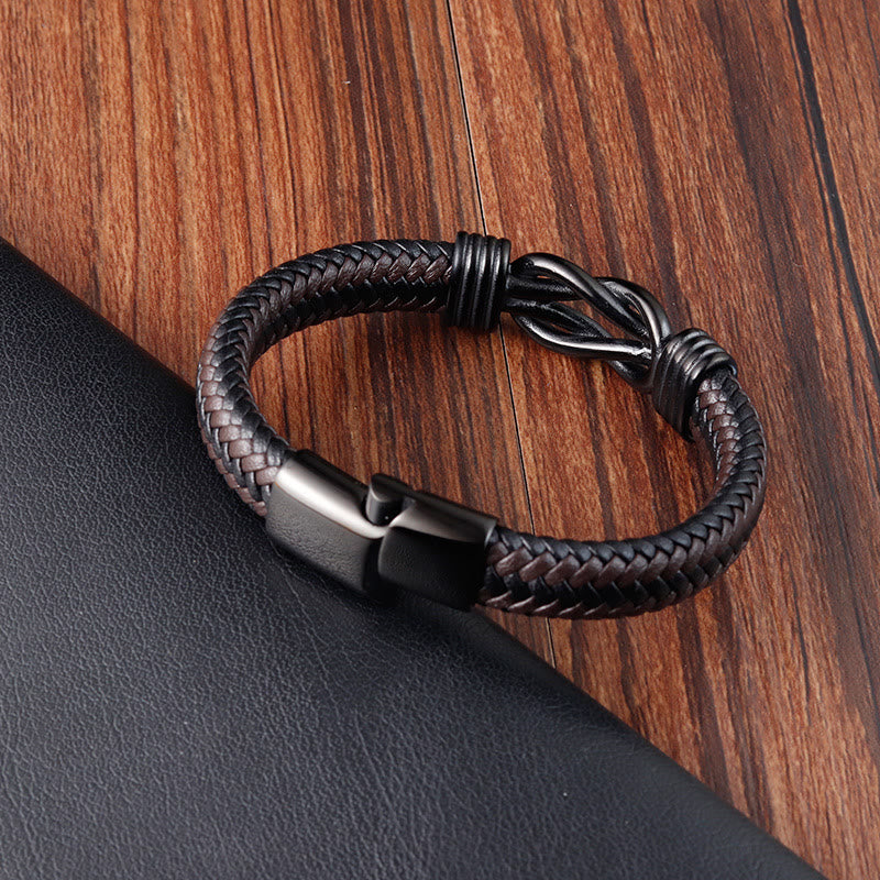 Buddhist Blessing Endless Knot Pattern Titanium Steel Balance Leather Buckle Bracelet