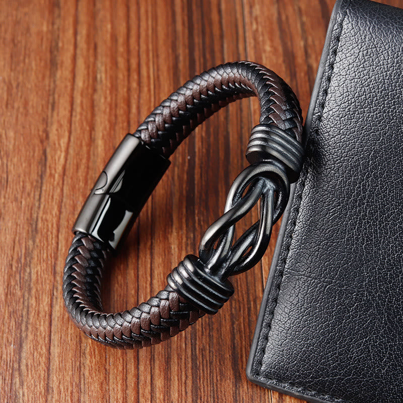 Buddhist Blessing Endless Knot Pattern Titanium Steel Balance Leather Buckle Bracelet