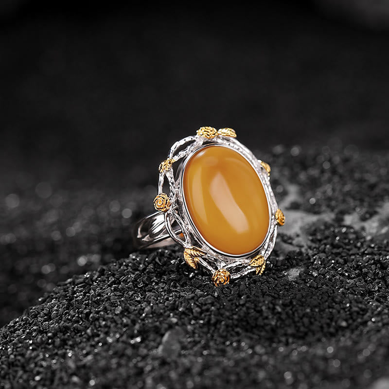 Buddhist Blessing 990 Sterling Silver Plated Gold Amber Focus Adjustable Ring