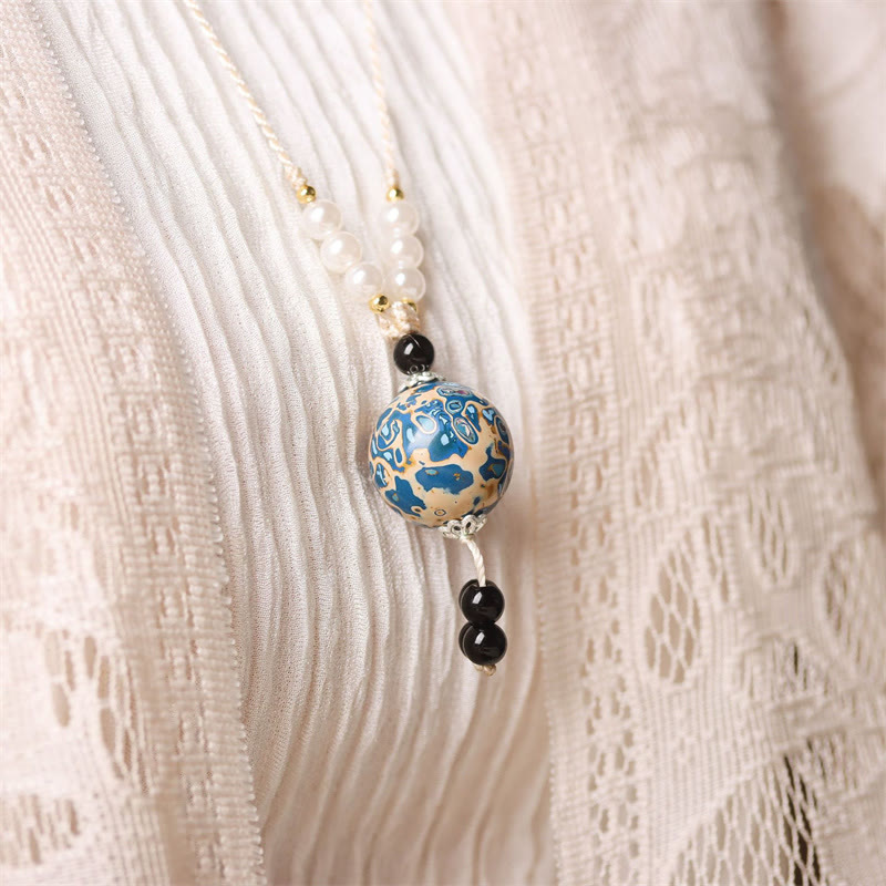 Buddhist Blessing Ebony Wood Aurora Lacquer Craft Bead Pearl Balance Necklace Pendant