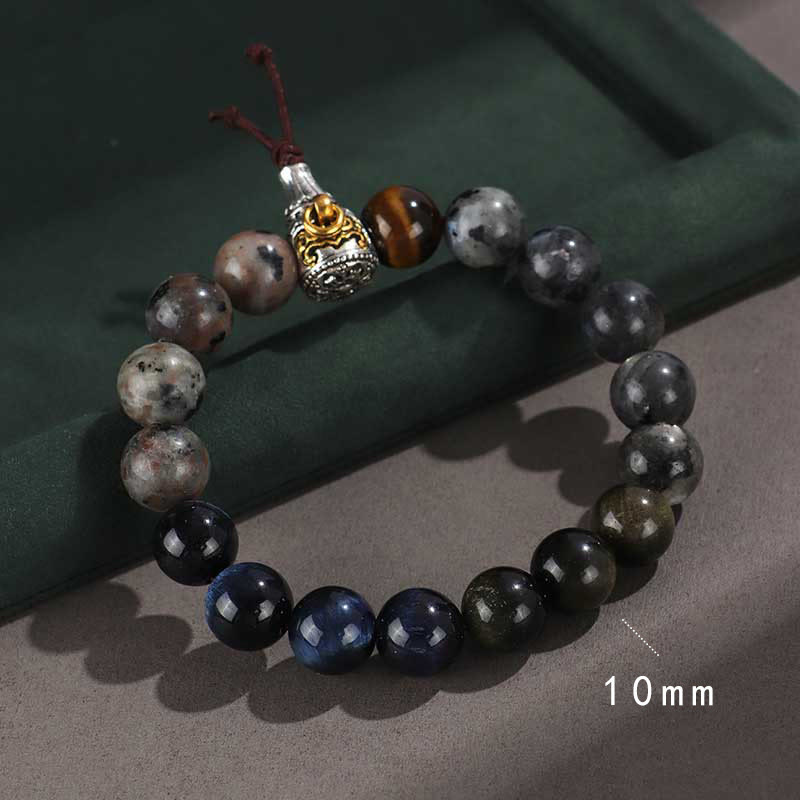 Buddhist Blessing 925 Sterling Silver Black Onyx Gold Sheen Obsidian Lava Rock Tiger Eye Six True Words Wealth Protection Bracelet