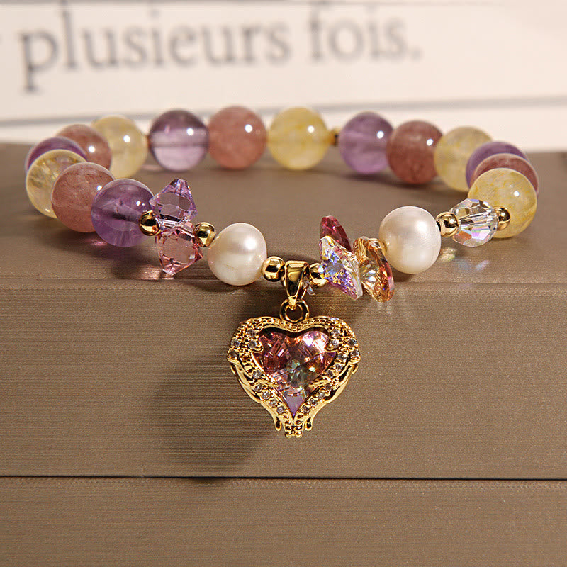 Buddhist Blessing Red Tiger Eye Citrine Amethyst Heart Calm Bracelet