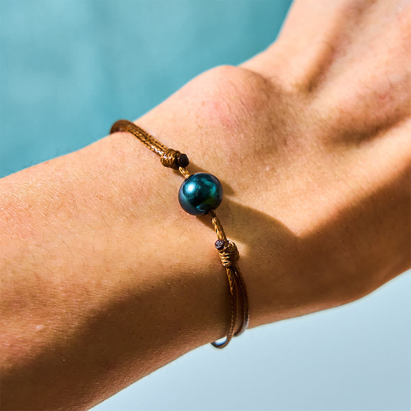 Buddhist Blessing Natural Tahitian Black Pearl Bead Wax Rope Healing Bracelet