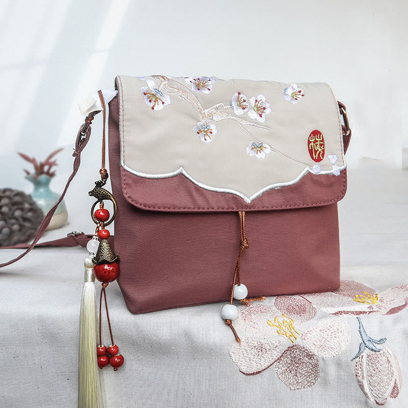 Buddhist Blessing Plain Brown Embroidered Plum Bossom Cotton Linen Crossbody Bag Shoulder Bag