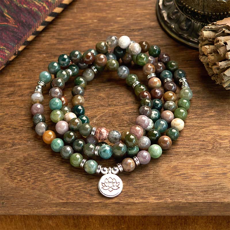 Buddhist Blessing 108 Mala Beads Natural Stone Indian Agate Lotus Calm Bracelet