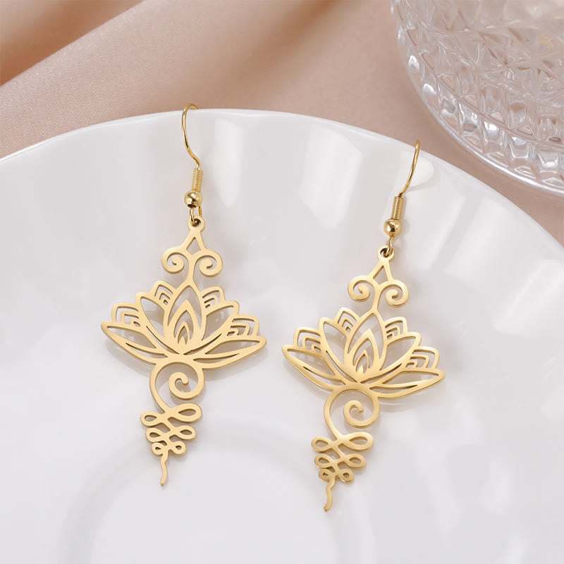 Buddhistblessing and New Beginning Hollow Lotus Flower Stainless Steel Metal Drop Earrings