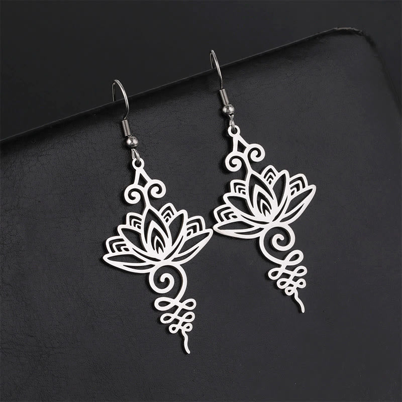 Buddhistblessing and New Beginning Hollow Lotus Flower Stainless Steel Metal Drop Earrings