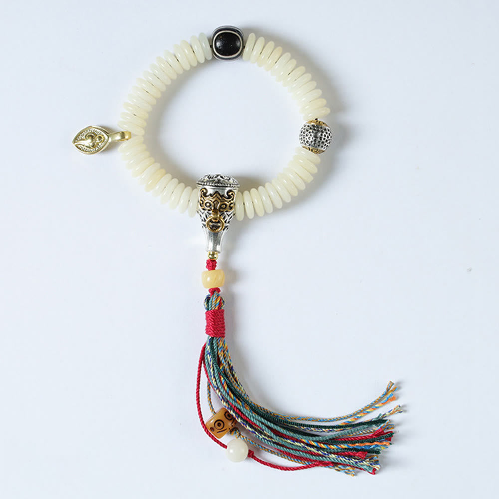 Buddhistblessing Natural White Bodhi Seed Stone Wisdom Tassel Wrist Mala Bracelet