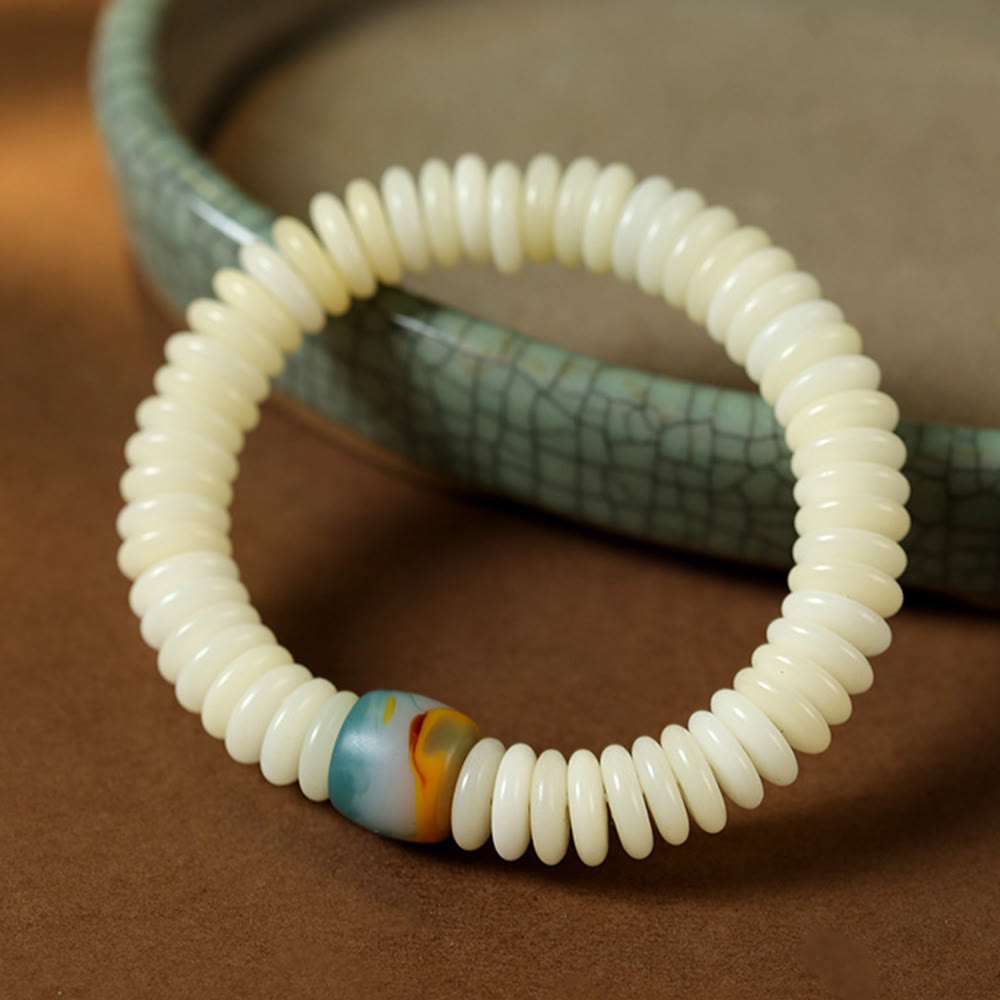 Buddhistblessing Natural White Bodhi Seed Stone Wisdom Tassel Wrist Mala Bracelet