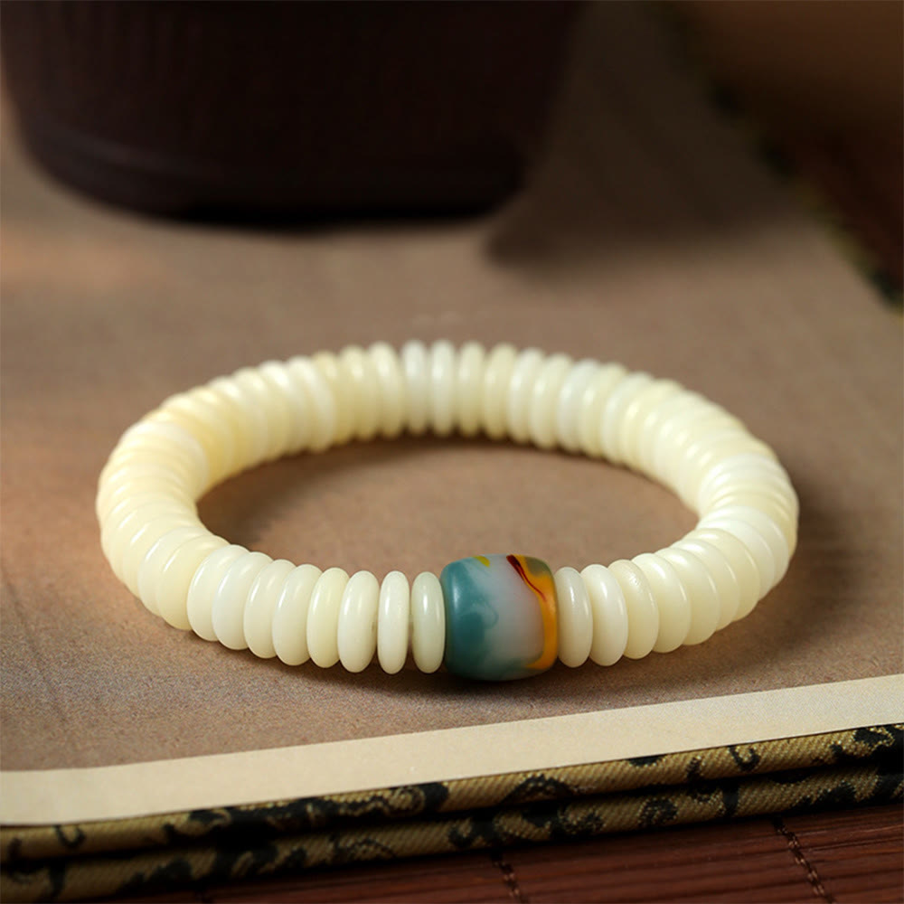 Buddhistblessing Natural White Bodhi Seed Stone Wisdom Tassel Wrist Mala Bracelet