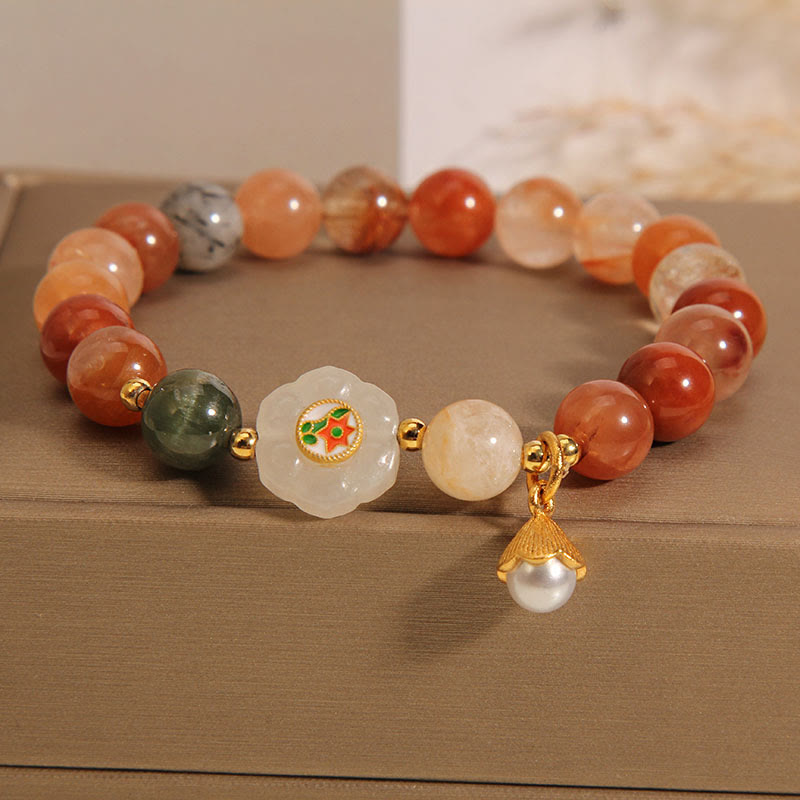 Buddhist Blessing Natural Fu Lu Shou Crystal Hetian White Jade Pearl Luck Bracelet