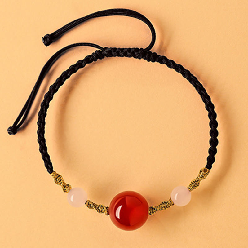 Buddhist Blessing Hetian Jade Black Onyx Red Agate Bead Luck Braided Bracelet