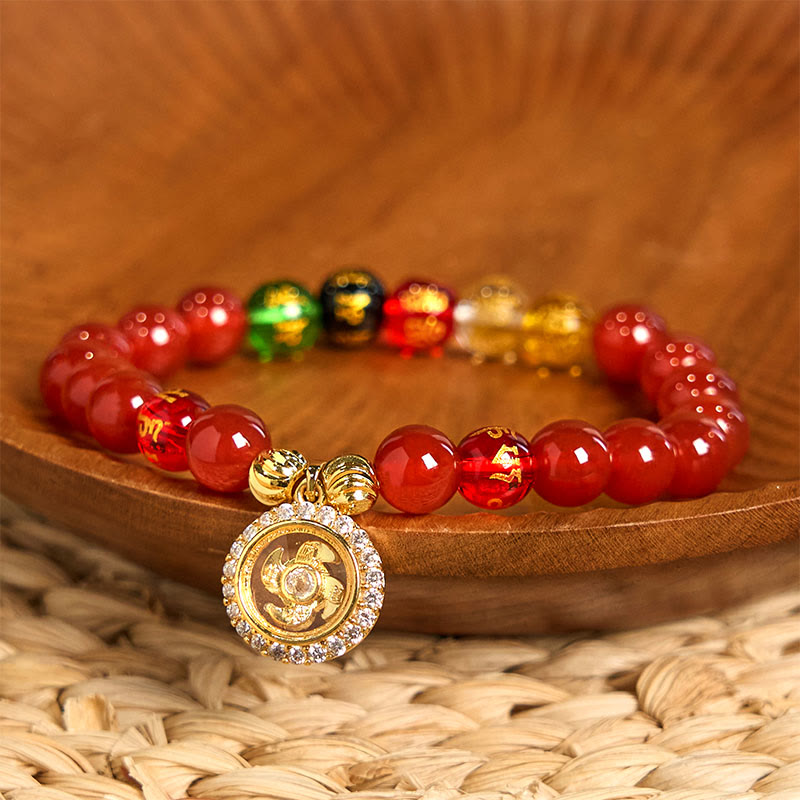 Buddhist Blessing Red Agate Om Mani Padme Hum Five Directions Gods of Wealth Zircon Cyclone Charm Self-acceptance Bracelet