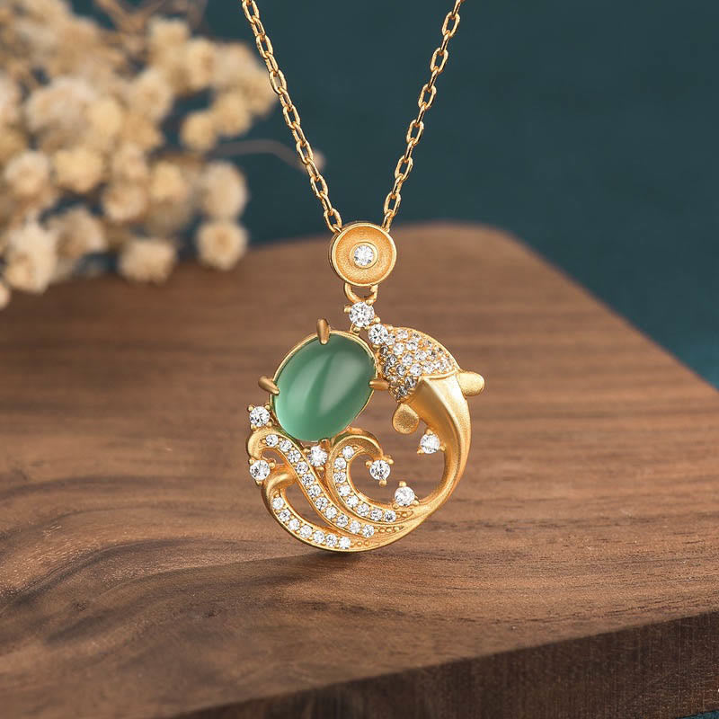 Buddhist Blessing Green Chalcedony Koi Fish Strength Necklace Pendant