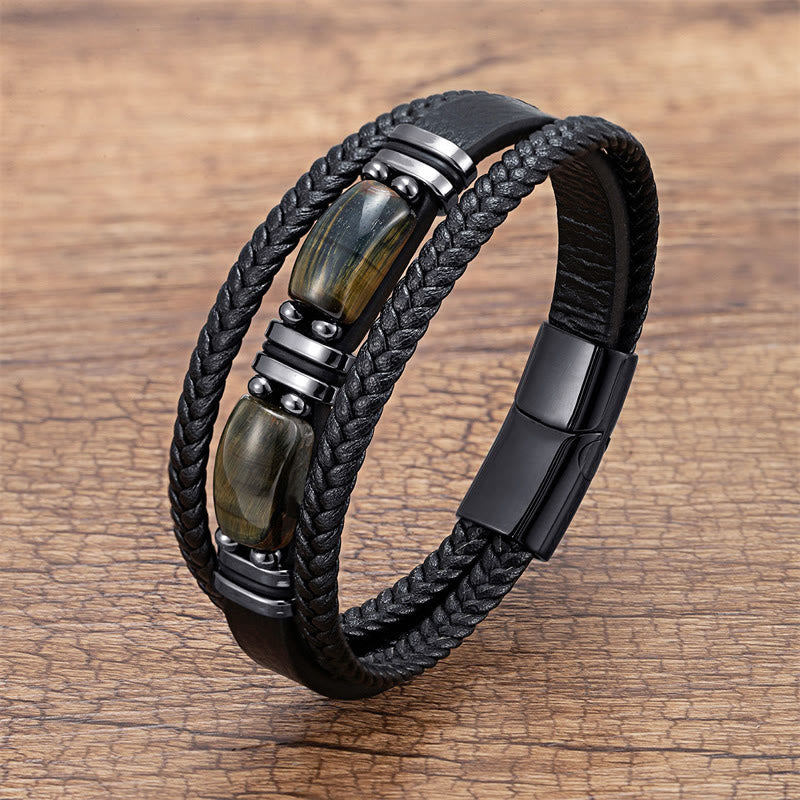 Buddhist Blessing Tiger Eye Stone Courage Willpower Multi-layer Leather Bracelet