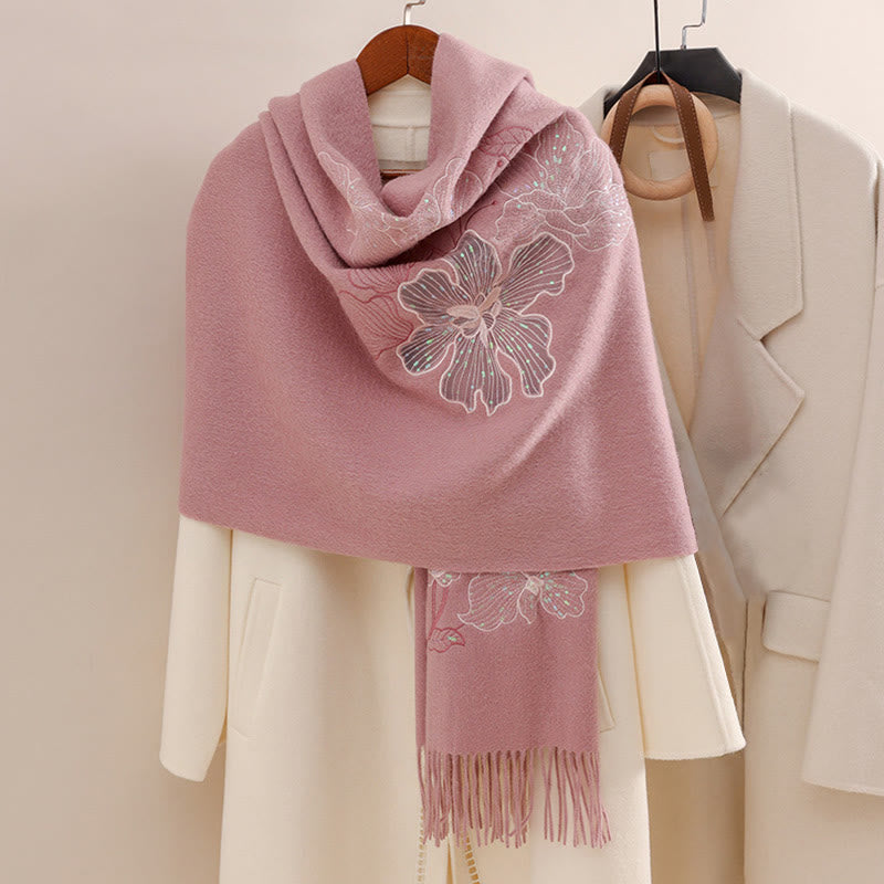 Buddhist Blessing Wool Shawl Big Flower Sequins Embroidery Tassel Winter Cozy Travel Scarf Wrap