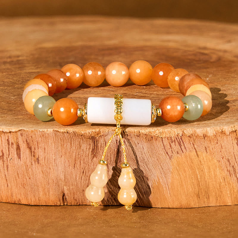 Buddhist Blessing Golden Silk Jade Beads Gourd White Crystal Wealth Luck Bracelet