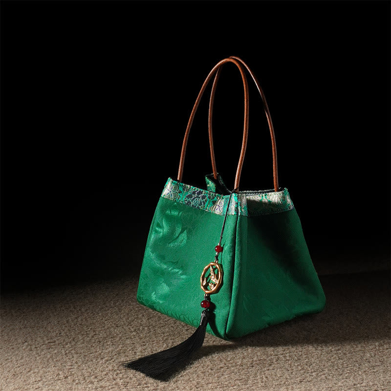 Buddhist Blessing Plum Flower Bamboo Branches Embroidery Tassel Xiangyunsha Silk Shoulder Bag Hangbags