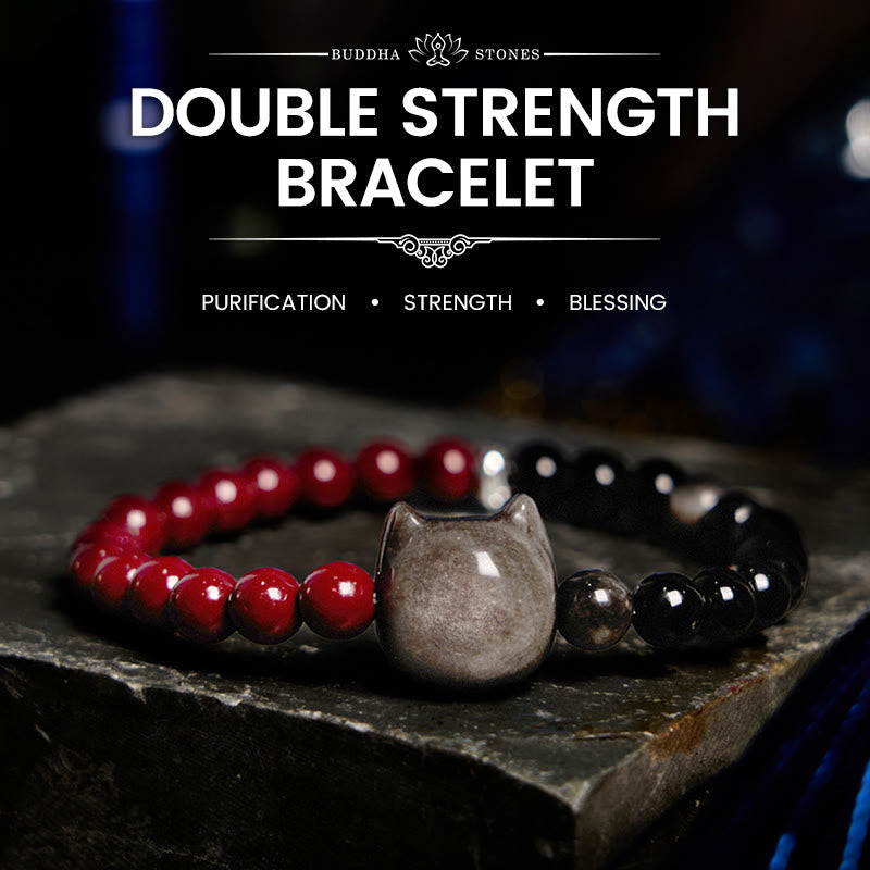 Buddhist Blessing Black Obsidian Cinnabar Silver Sheen Obsidian Cat Fulfilment Bracelet